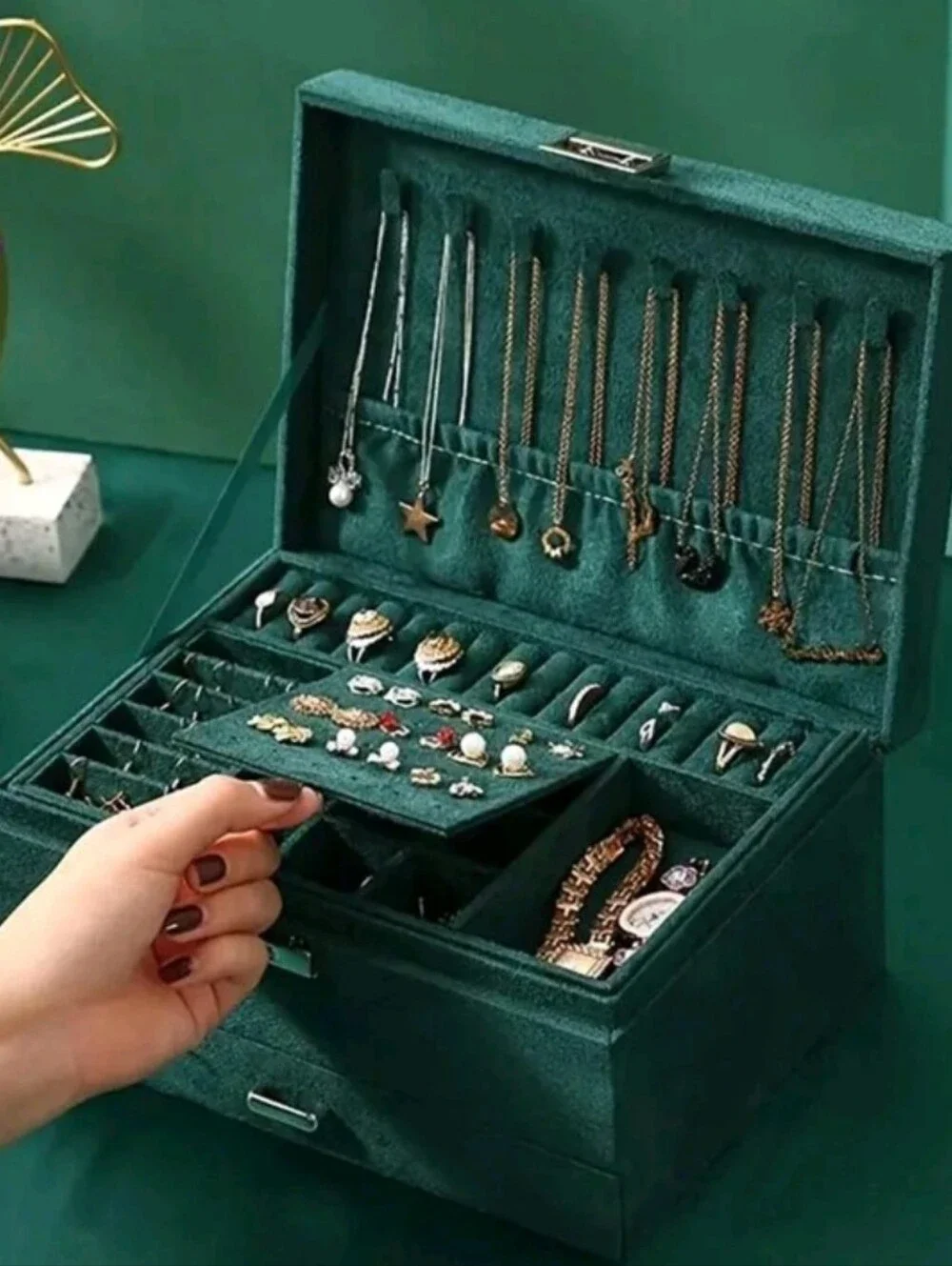 Velvet Jewelry Organizer Box in Deep Green